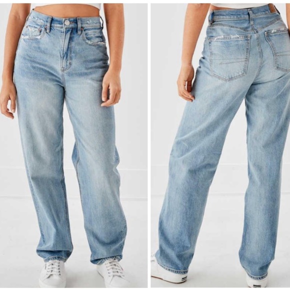 American Eagle Baggy Jeans Womens 2 High Rise Straight Leg Blue Denim Distressed - Picture 1 of 10